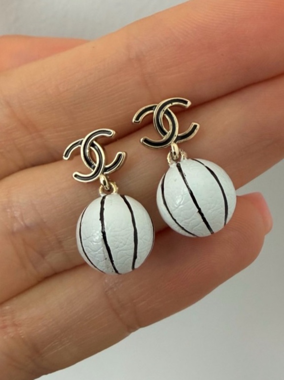 Chanel CC White Basketball Drop Earrings